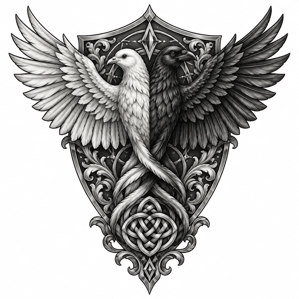 Large whole back tattoo. Black ink. A large bird with spread wings. The bird is split in two and has two heads but shared body. the left side is a dove, the right side is a raven. The backdrop is a coat of arms heater shield. The tail of the bird intertwines to hold a Celtic endless knot. The shield should have filigree embellishments. Stylize with interspersed geometric patterns.