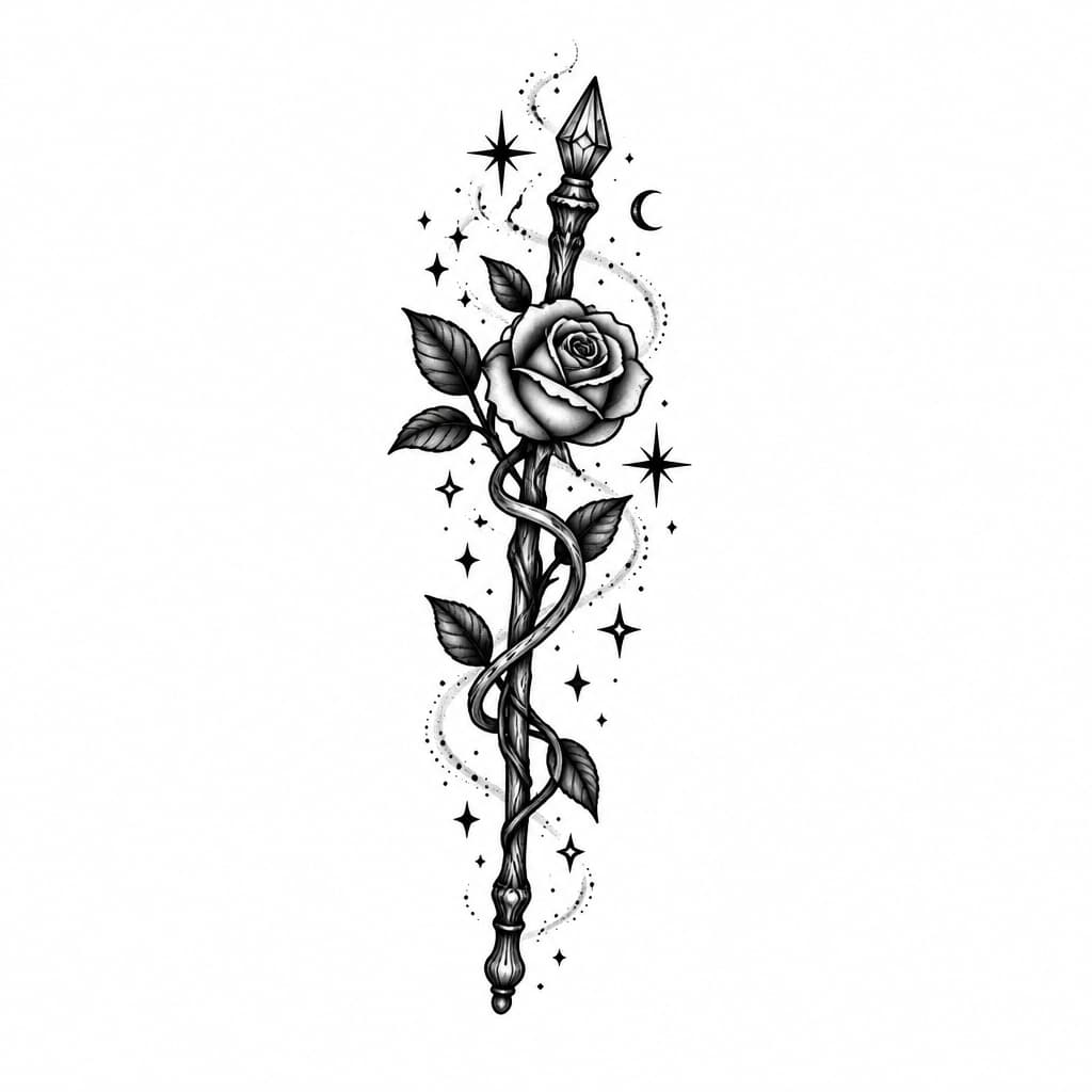 Quiero un tatuaje pequeño con una varita mágica enredada de una rosa ,mini estrellitas de todas formas, polvo de magia , la luna creciente muy pequeña