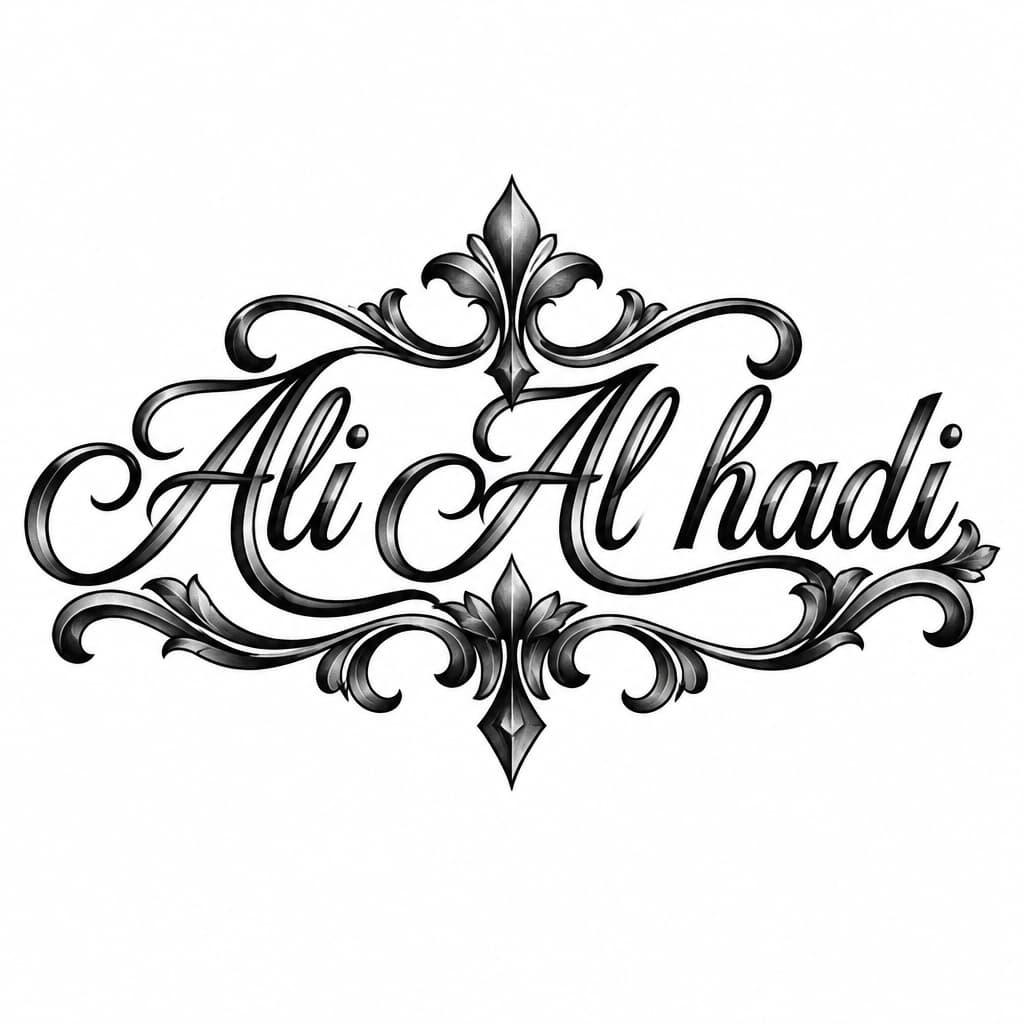 A tattoo concept featuring the name "Ali Al hadi" in Great Vibes lettering
