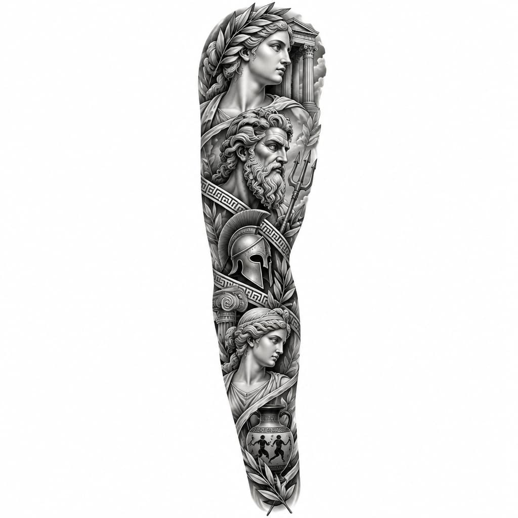 greek god themed patched tattoo with thin lines, greek god sculptures, other items greek theme for a full arm on a girl