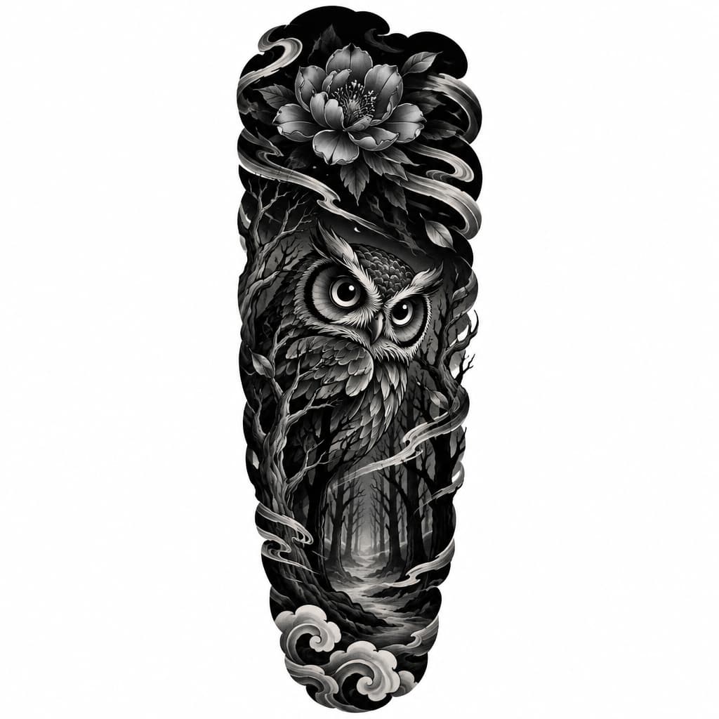 quiero un tatto en el brazo que de entrada un bosque tenebrozo en el centro un buo con los ojos grandes y arriba un fondo negro que contega una flor azul y como viento en el bosque oscuro