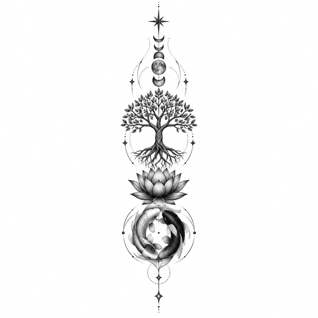 Minimal vertical celestial spire tattoo tree of life lotus moon phase black and white koi in ying yang formation