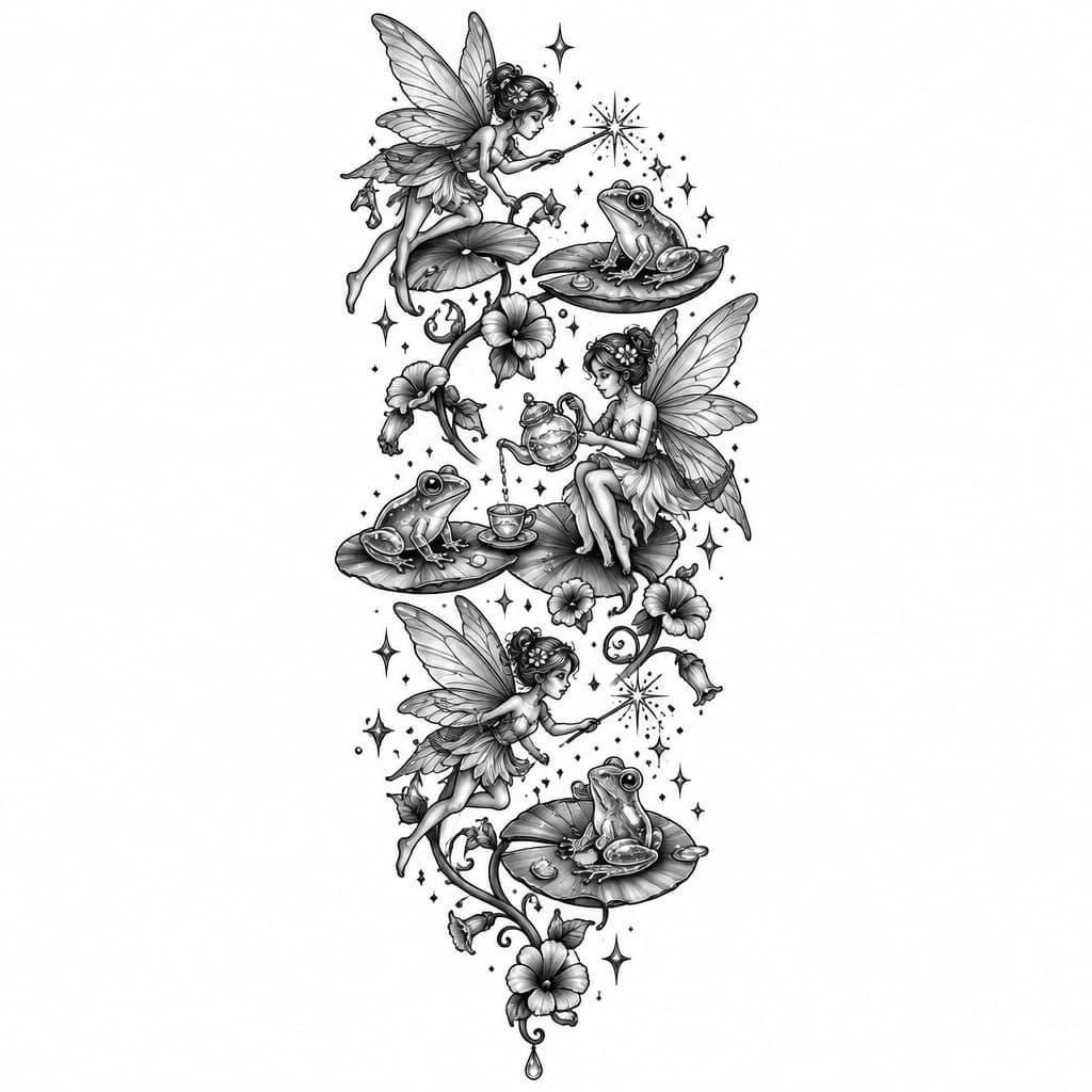 On my side I want small fairies flaring there wands and sparkles with glass frogs and lily pads over all tons of sparkles and maybey some small petunias smaller then the fairies make it very glass looking and whimsical think tea party but all the way down a flower vine including fairies I might be happy with one of the fairies holding a tea pot