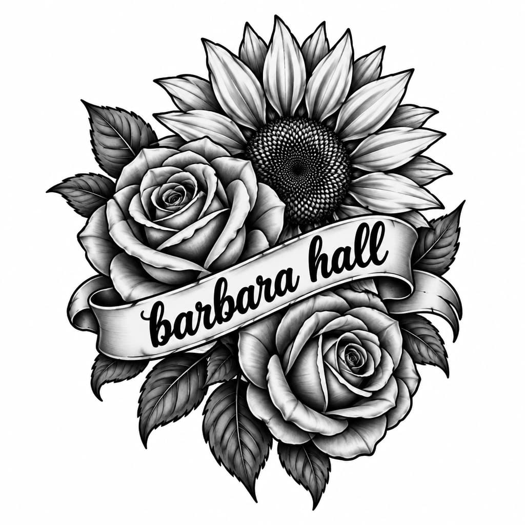 A yellow and red rose and a sunflower tattoo concept featuring the name "barbara hall" in Pacifico lettering