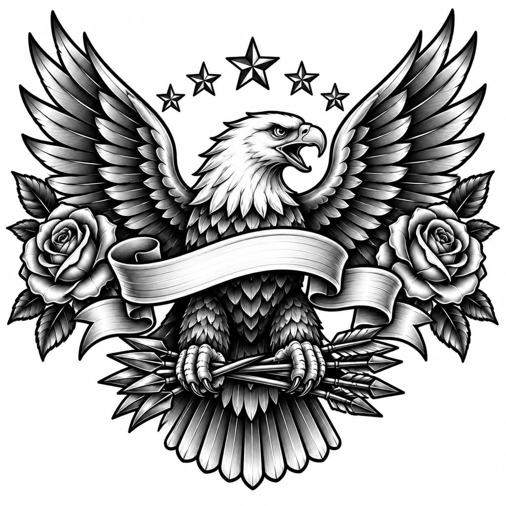 Bold American traditional eagle clutching banner and arrows, vivid red, gold, and deep blue, stars and roses framing wings.