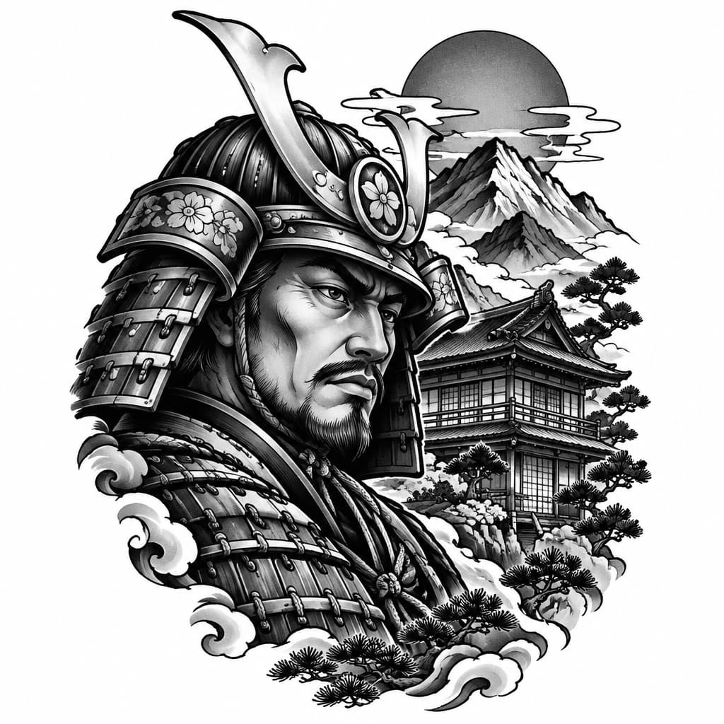 samurai warrior close-up portrait at 45 degree angle, on the side ids japanese house with mountains and a red sun in a background