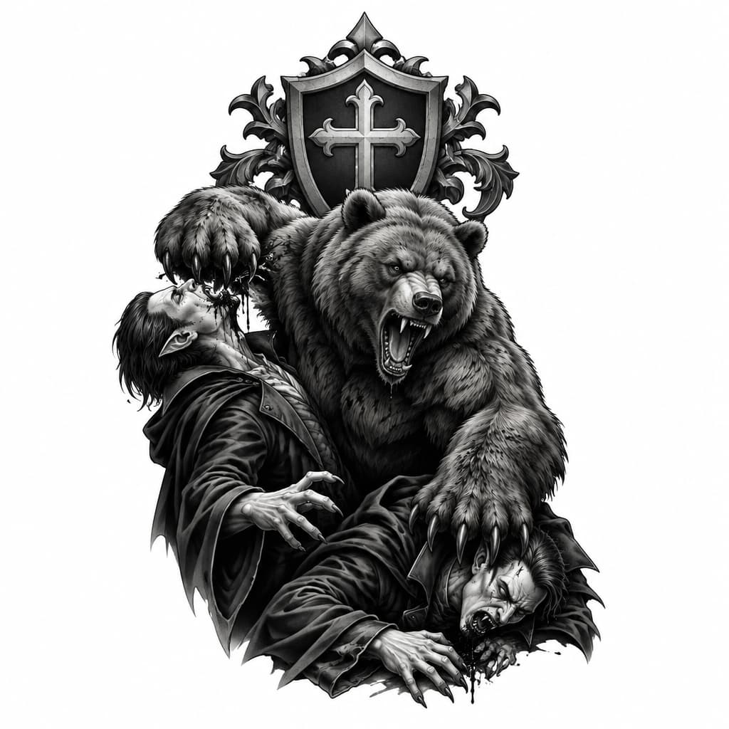 A brown bear with the belmont's crest killing vampires