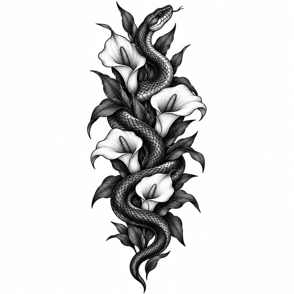 A back tattoo (spine) of a snake with white calla Lillie’s around it, as if it were in a bush