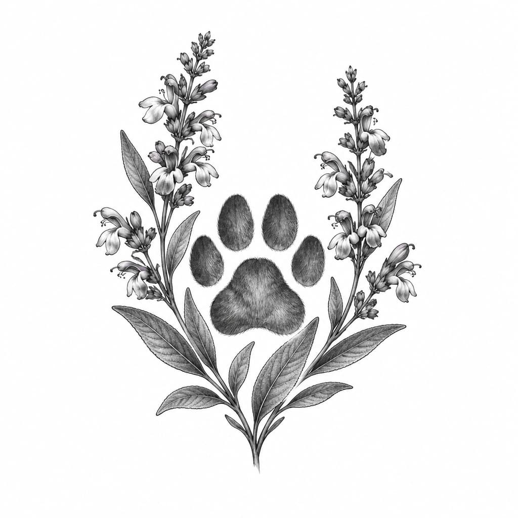 Make a fine line black cat paw print with colored Sage flowered plants around it