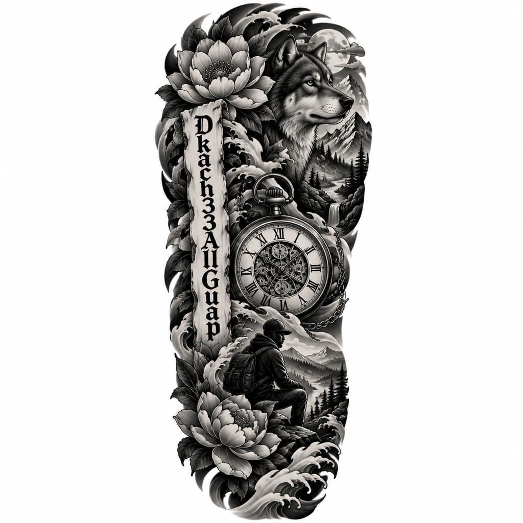 Half sleeve beautiful flower tattoo, the name “Dkach33AllGuap” vertically and a timepiece to show patience, a hustler and lone wolf personality and some nature added. P.s I’m chocolate kinda dark guy.