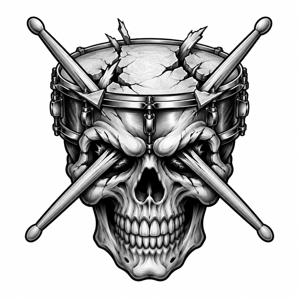 A skull that is a drum with 2 drum sticks crossed through red eyes busting through the top drum head