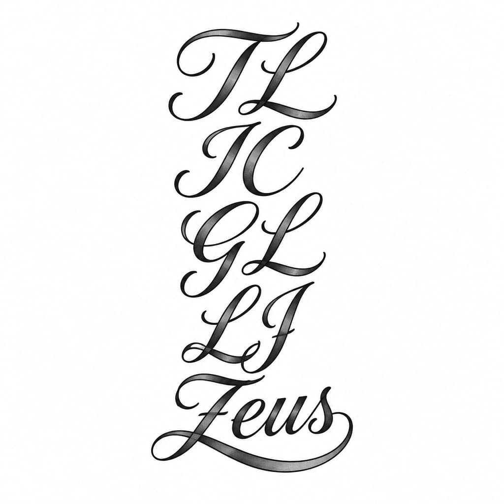 A tattoo concept featuring the name "TL
IC
GL
LJ
Zeus" in Great Vibes lettering