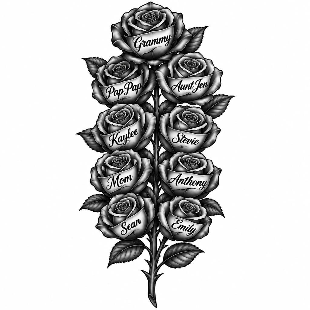 Purple rose pedal for the Name Grammy
Red rose pedal for the name Pap Pap
Green rose pedal for the name Aunt Jen
Pink rose pedal for the name Kaylee
Blue rose pedal for the name Stevie
Hot pink rose pedal for the name Mom
Sunset orange rose pedal for the name Anthony
Teal rose pedal for the name Sean
Magenta rose pedal for the name Emily
This is all on a rose stem as a whole rose and shade the darker areas