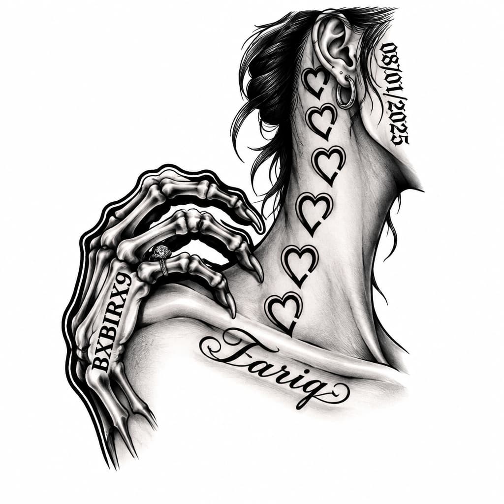 Medium sized hearts, black outline but not fully connected, hot pink outline outside of the black outline but these are fully connected. The hearts are going from the collar bone, up the neck, and behind the ear. Along the collarbone writes "Tariq" in cursive calligraphy. The name is to be read along the top of the collarbone. The date 08/01/2025 is written behind the ear in gothic wedding calligraphy, next to the lineup of hearts. A tattoo of a skeleton hand is coming up from the back on the opposite side of the hearts and writing, it appears to be grabbing the collarbone and neck of the opposite shoulder. It is outlined in hot pink and black, with an engagement ring around its ring finger. Along the side of the hand reads "BXBIIRX9" In Black serious font.