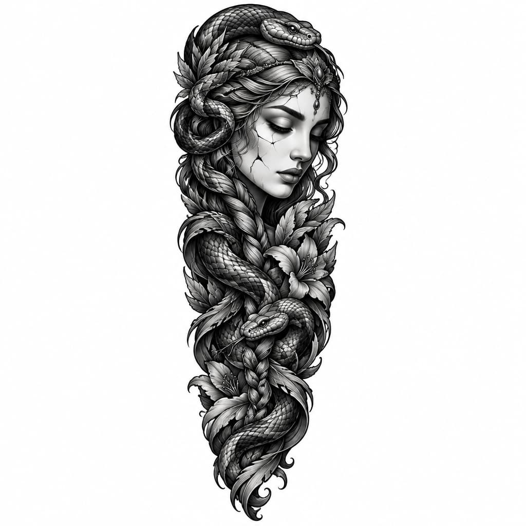 “Feminine black-and-gray realism full-arm tattoo sleeve. Beautiful mysterious goddess woman’s face on the upper arm, closed or lowered eyes, delicate cracked porcelain skin, flowing braided hair, realistic snakes intertwined in her hair. La