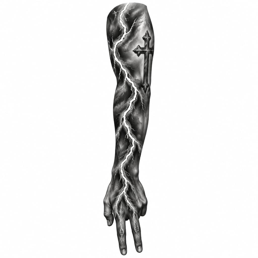 can you create me a lightning tattoo going from the top of my arm to my index and middle finger. with a cross on the outside of my arm