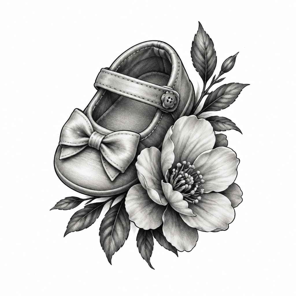 Something to represent wife and daughter. She was born recently and this tattoo will be a gift to my wife on her first birthday as a mom.
Like baby girl shoe and flower