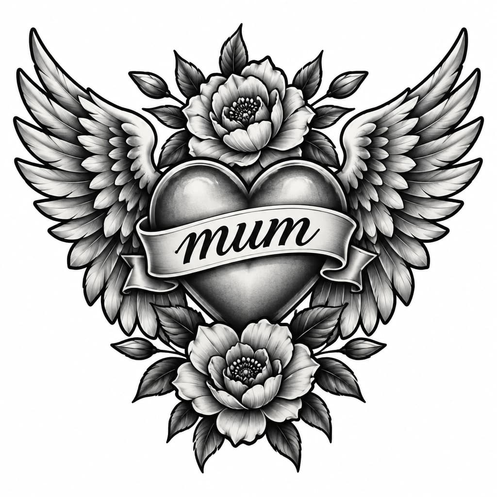 A heart with flowers and Angel wings and the word mum