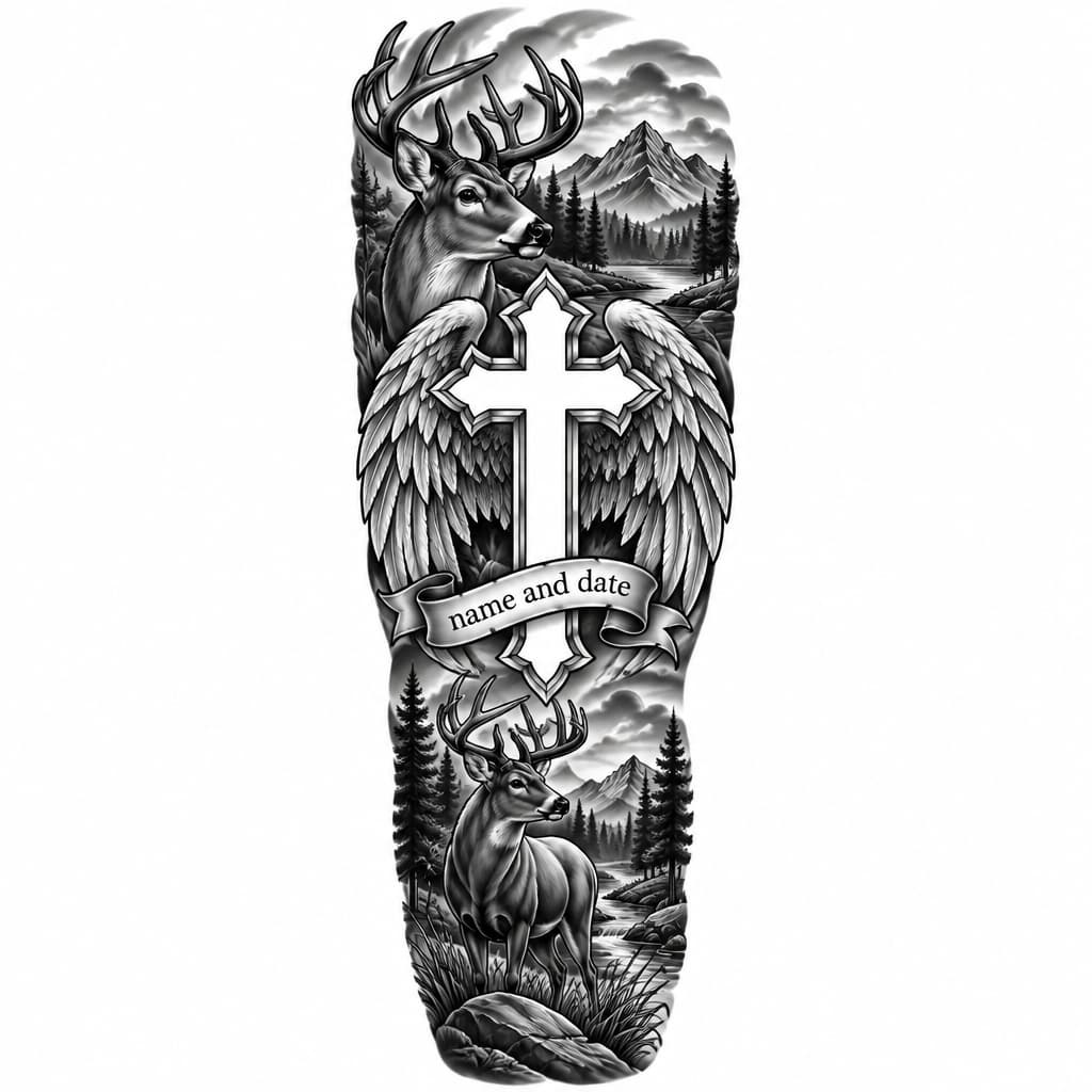 I want to make an arm sleeve tattoo design with a buck scene wrapping around the arm but I want to add a cross with angel wings but leave cross open and not filled int so i can add the name behind it and have a name and date on it and the t