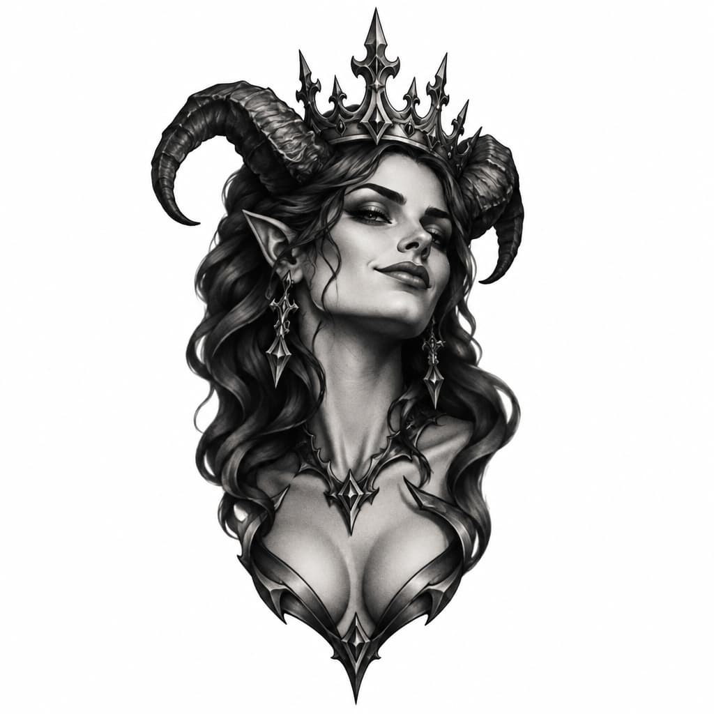 eligant demonic form of the sin pride as a tattoo with a crown and charming smirk
