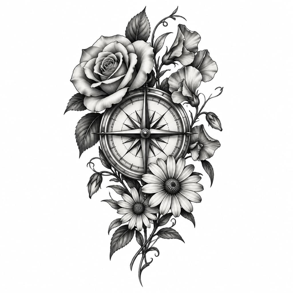 Memorial tattoo, rose compass, possibly sweet pea and daisy flowers, feminine,
placement maybe inside bicep