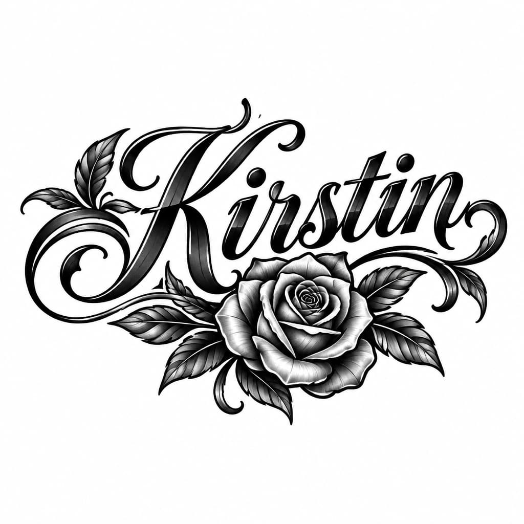 A tattoo concept featuring the name "Kirstin" in Great Vibes lettering