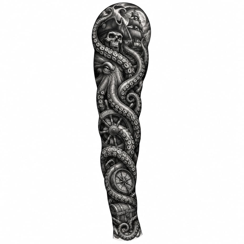 Full sleeve tattoo on a male arm (side view, from shoulder to wrist), Neo- Traditional style, Pirates of the Caribbean motifs. Central element: octopus tentacles (like Davy Jones), intertwining and setting the rhythm for the entire design