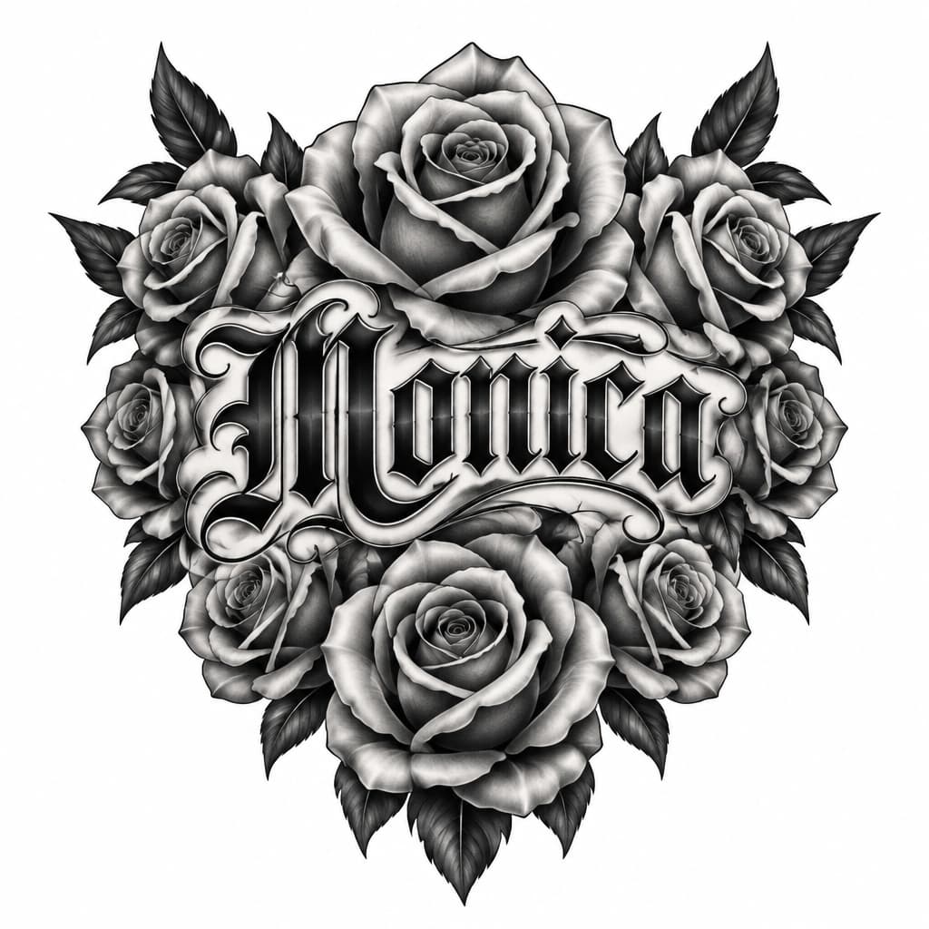 An abundance of roses on the neck with the name Monica in Chicano style lettering