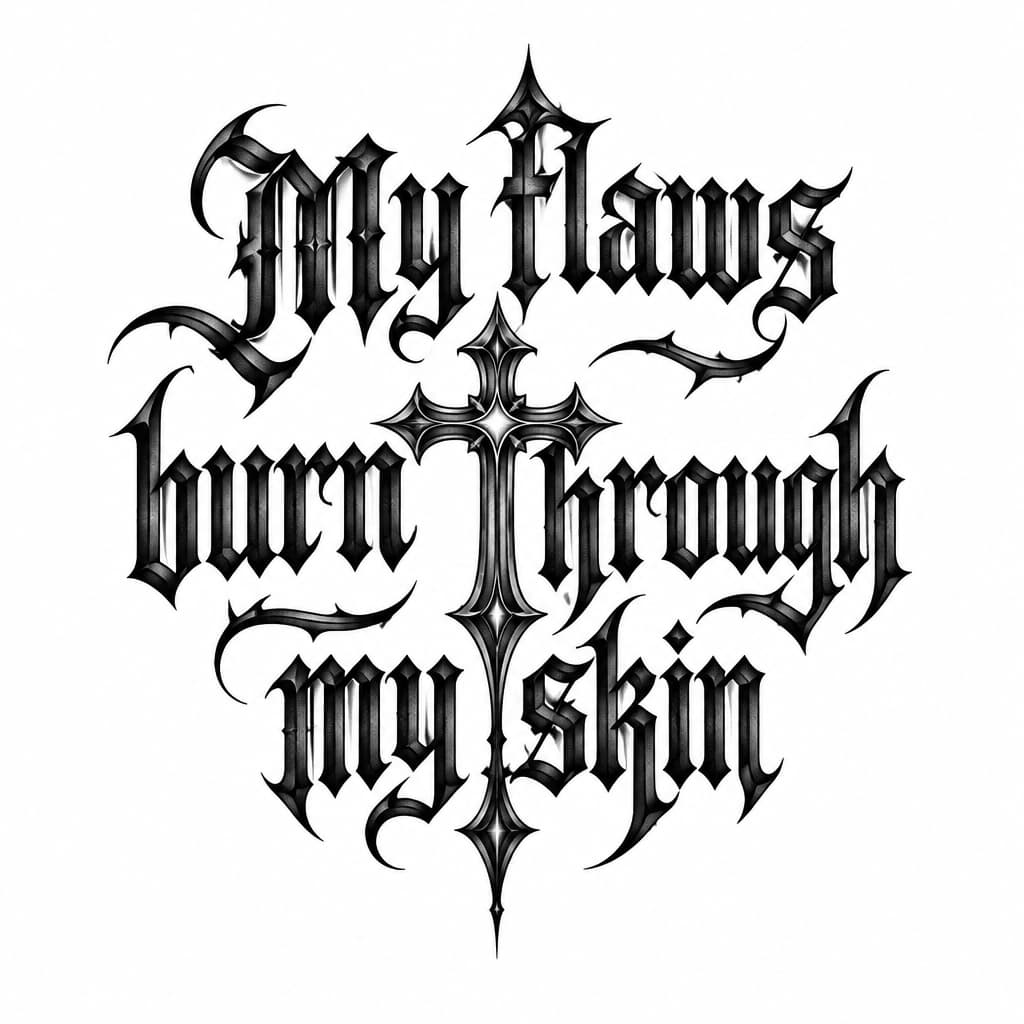 i want a gothic letter tattoo that says “My flaws burn through my skin” with a y2k cross as the t