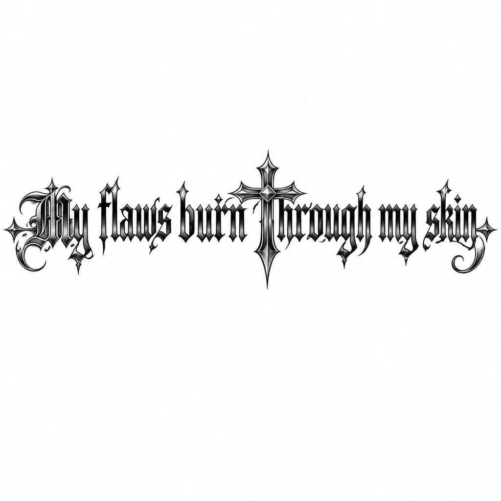 i want a tattoo in gothic letters that says “My flaws burn through my skin” with a y2k cross as the t in a horizontal line