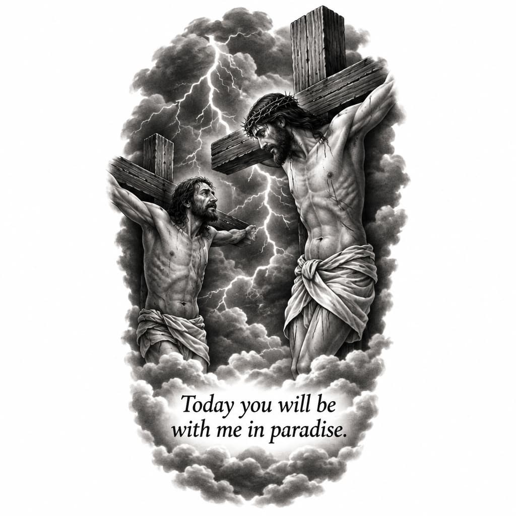Jesus talking to thief on cross, thunder clouds and bible verse about being in paradise