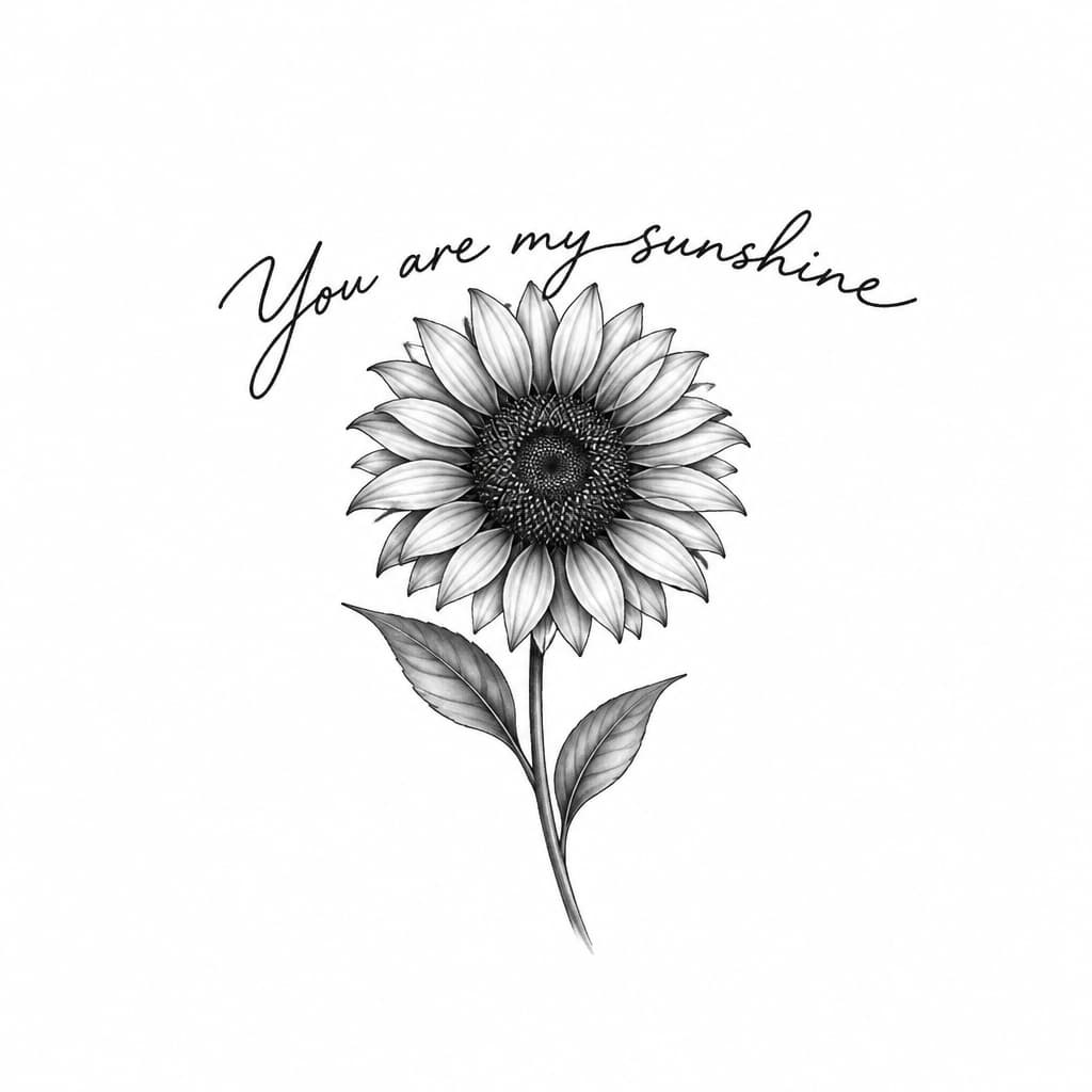 a tattoo of my moms handwriting saying "You are my sunshine" with a fine line sunflower