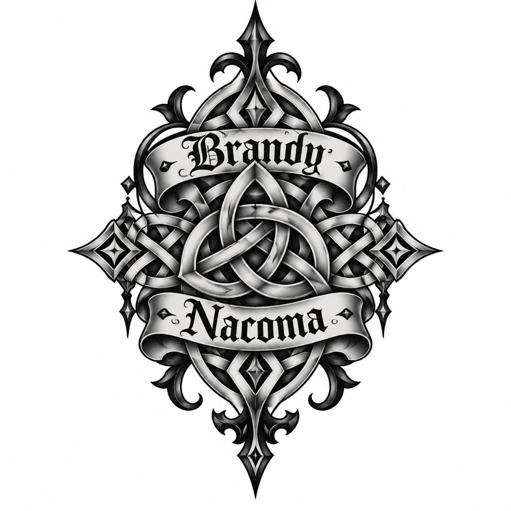 Celtic knot with geometric patterns mixing names Brandy and Nacoma and old goth accents