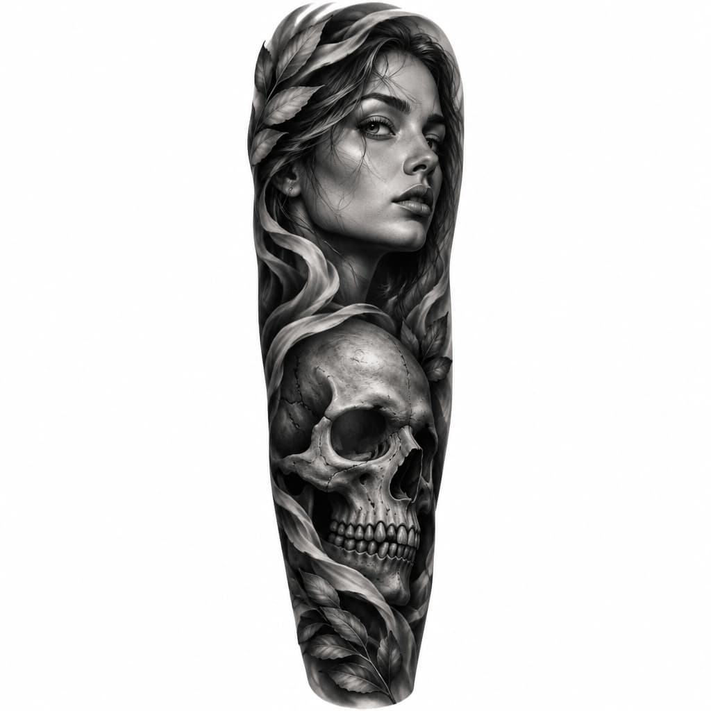 Realism sleeve with skull and portrait on forearm