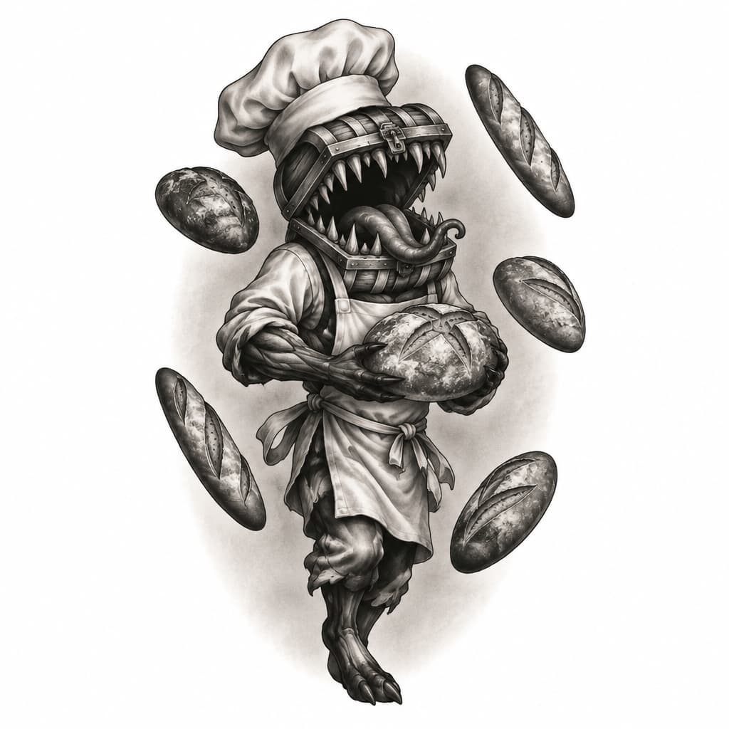 mimic baker, orange faded backround, surrounded by floating loafs of bread, tattoo, located on calf
