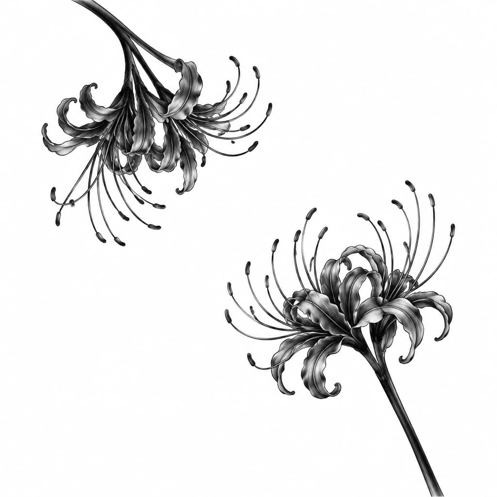 2 spider lilies IN BLACK, one starting from the top left CORNER going upside-down, and one starting from the bottom right going up, curved to meet in the middle, NOT TOUCHING AT ALL 2 SEPRATE FLOWERS, I DONT EVEN WANT THE VINES TO TOUCH