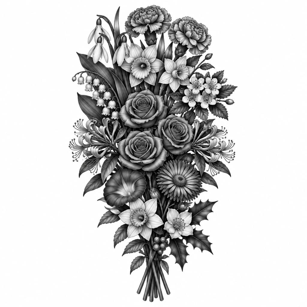 Can you make a tattoo that would be going on the inside of my forearm of 2 carnation flowers and 2 snowdrop flowers together combined with 1 daffodil flower and 1 jonquil flower together combined with 1 Lilly of the valley and 1 Hawthorne flower together combined with 3 rose flowers and 3 honeysuckle flowers together combined with 1 morning glory flower and 1 aster flower together combined with 1 narcissus flower and 1 holly flower together combined all together as one bouquet