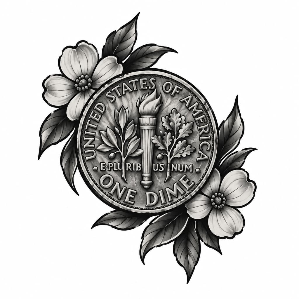 tail side of a dime (us coinage) inspired by the lyrics of I and Love and You by the Avett Brothers, on ankle