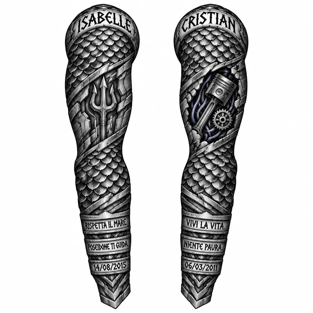 Braccia complete dalla spalla al gomito cosi fatte: Braccio sinistro dalla spalla semicerchio con la scritta Isabelle usando i caratteri Alphabet Atlante che trovi a questo link https://it.pinterest.com/pin/609463762072152864/
subito dopo inizia con una trama a scaglie di pesce fino a coprire la spalla, successivamente armatura in obliquo sul bicipite con al centro un tridente e delle linee blu geometriche stile armatura futuristica. Nella parte del gomito nuovamente scaglie di pesce come prima fino a meta avambraccio. nell' ultima parte dell' avambraccio armatura che riprenda la prima parte con 3 sezioni orizzontali con inciso: nella prima Rispetta il mare. nella seconda Poseidone ti guida. nella terza data di nascita della figlia 14/08/2015 tutte e tre le scritte usando Alphabet Atlante che trovi a questo link https://it.pinterest.com/pin/609463762072152864/. Il braccio destro invece dalla spalla semicerchio con la scritta Cristian usando i caratteri Alphabet Atlante che trovi a questo link https://it.pinterest.com/pin/609463762072152864/ subito dopo inizia con una trama a scaglie di pesce fino a coprire la spalla, successivamente armatura in obliquo come per il braccio sinistro ma deve essere rotta e al suo interno devono vedersi due ingranaggi ed un pistone pneumatico messo in obliquo e dei tubi di colore azzurro che simulino delle vene. Nella parte del gomito nuovamente scaglie di pesce come prima fino a meta avambraccio. nell' ultima parte dell' avambraccio armatura che riprenda la prima parte con 3 sezioni orizzontali con inciso: nella prima Vivi la vita. nella seconda Niente paura. nella terza data di nascita della figlio 06/03/2011 tutte e tre le scritte usando Alphabet Atlante che trovi a questo link https://it.pinterest.com/pin/609463762072152864/.