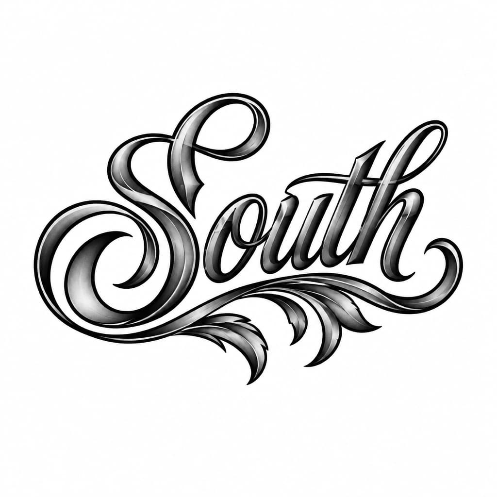 A tattoo concept featuring the name "South" in Great Vibes lettering