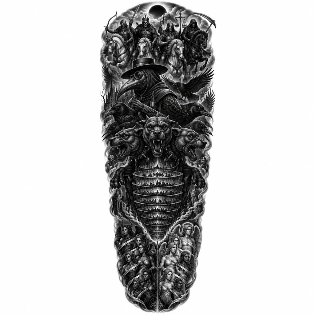Leg sleeve featuring the four horsemen of the apocalypse, plague doctor, cerberus, ravens of antimony, 9 circles of hell, 7 sins and virtues