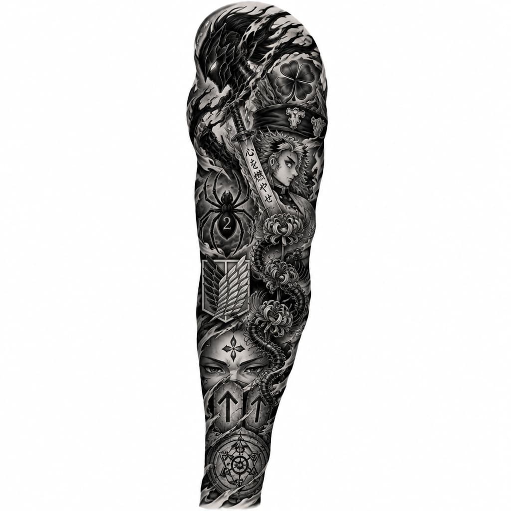 make me as full right arm sleeve tattoo with these anime's related if there's parentheses next to the anime title that's what i want tatted from that anime
solo leveling (igris)
black clover (5 leaf clover and asta's headband symbol)
demon slayer (set your heart ablaze in japanese lettering on rengoku's sword)
hunter x hunter ( phantom troupe spider with the #2 on the back of the spider body)
tokyo ghoul (centipede with spider lilies)
attack on titan (scout regiment wings of freedom)
jujutsu kaisen (sakura forhead stamp mark)
vinland saga (two tiwaz runes)
fullmetal alchemist (law of equivalent exchange)