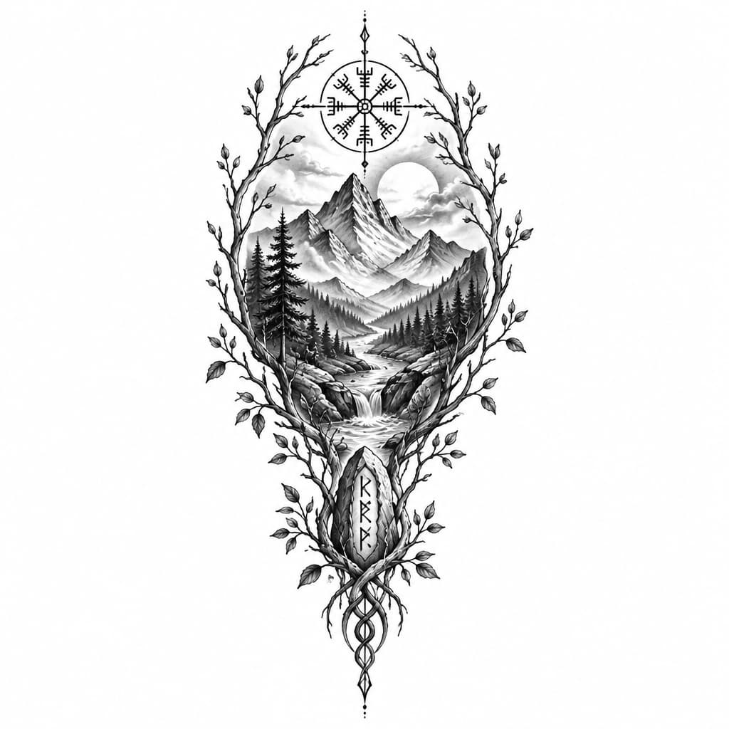 Scandinavian tattoo design, Nordic nature, ancient runes, delicate branches, wild forest, mountains, mystical atmosphere, fine linework, elegant flowing composition, intricate details, harmonious and balanced design, black ink, timeless Nor