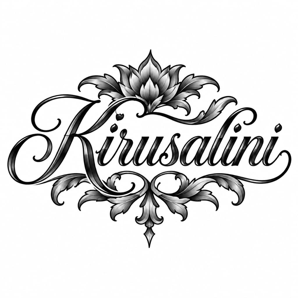 A tattoo concept featuring the name "Kirusalini" in Great Vibes lettering