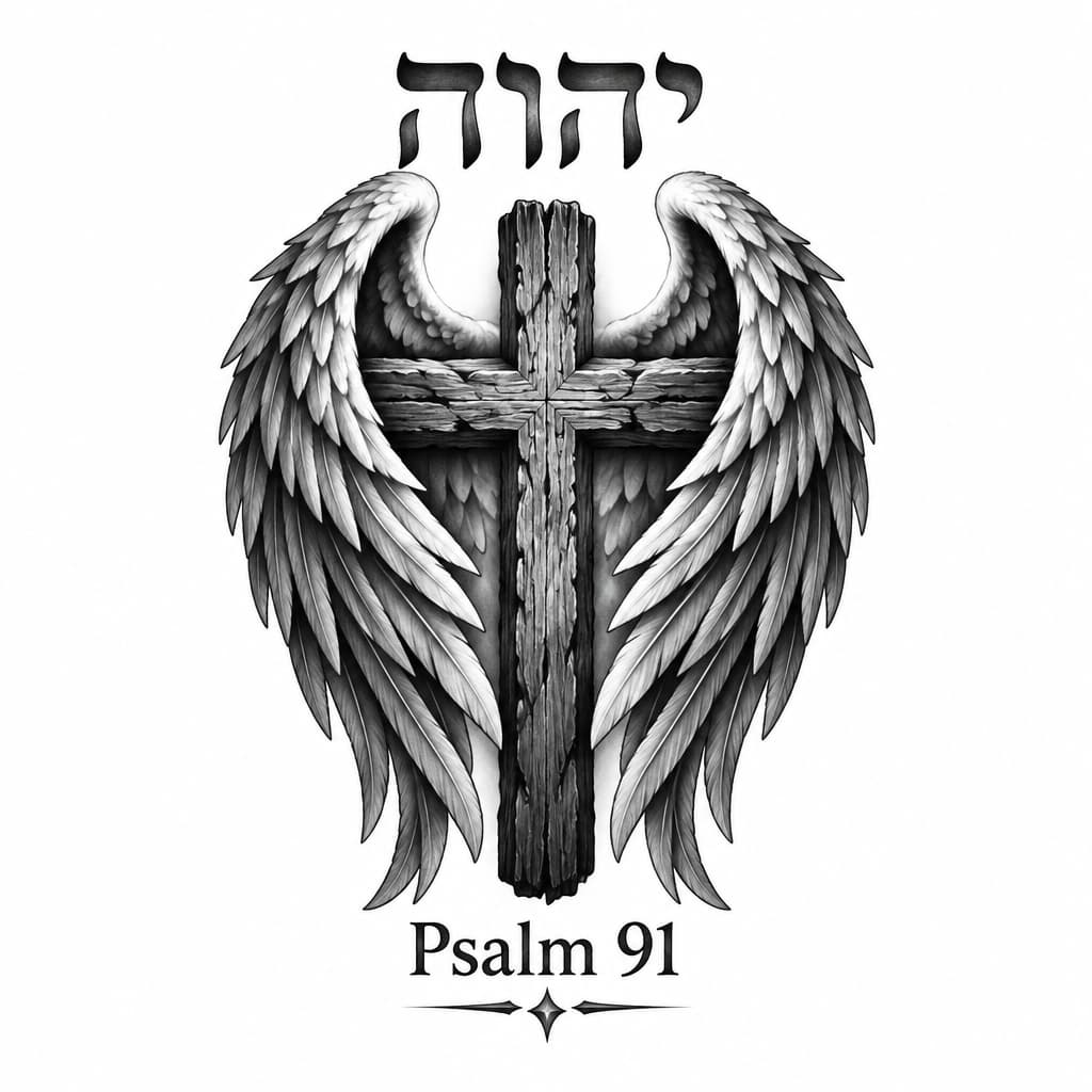 I want a forearm tattoo where a rugged cross is the centerpiece, above the cross is the Hebrew for YHWH, and psalm 91 under the cross with wings involved around the cross symbolizing the part of psalm 91 that says 4 He will cover you with his feathers,
and under his wings you will find refuge
