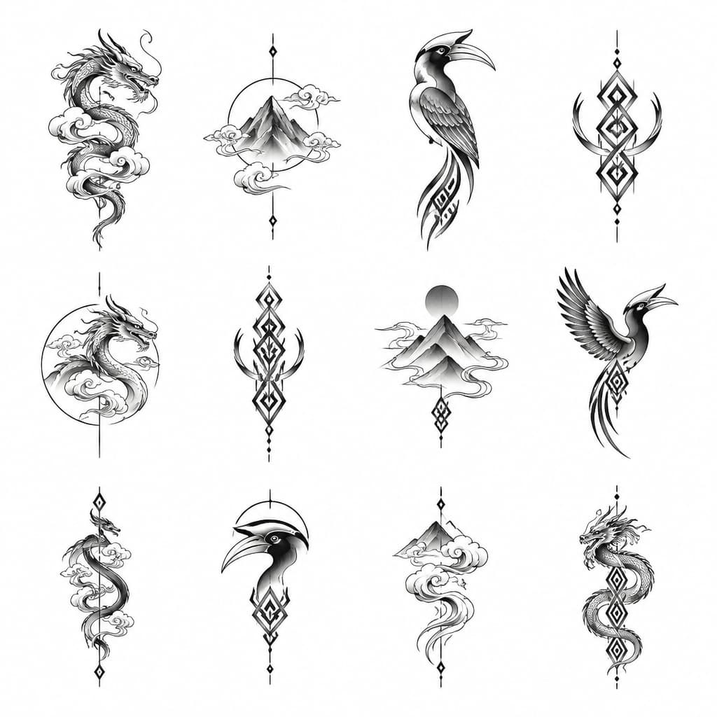 Create a high-resolution tattoo flash sheet featuring 12 unique minimalist tattoo designs inspired by my mixed Chinese paternal heritage and Dayak maternal heritage.
Style: elegant fine-line blackwork, minimalist, masculine yet refined, clean negative space, sharp precise lines, timeless and understated. Black ink on a pure white background, no skin mockup, no colours, no shadows, no unnecessary decoration.
Explore distinct concepts combining Chinese dragon curves, traditional Chinese cloud forms, abstract mountain symbolism, and Dayak-inspired geometric weaving, flowing organic lines, hornbill-inspired silhouettes, and protective emblem shapes.
Each design must be independent, compact, clearly readable at 3–6 cm, and visually distinct from the others. Integrate the two cultural influences naturally rather than simply placing two unrelated symbols side by side.
Use original contemporary interpretations. Avoid falsely labelling invented patterns as authentic traditional Dayak motifs or copying sacred cultural tattoo designs.
Arrange all 12 designs in a clean grid with generous spacing. Output crisp, high-resolution artwork suitable for reference by a professional tattoo artist.