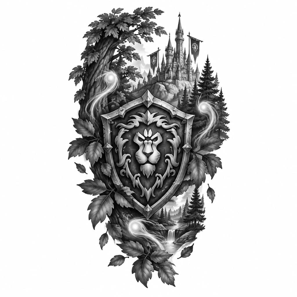 black and grey, world of warcraft theme, only aliance, some trees, leavs and wisps