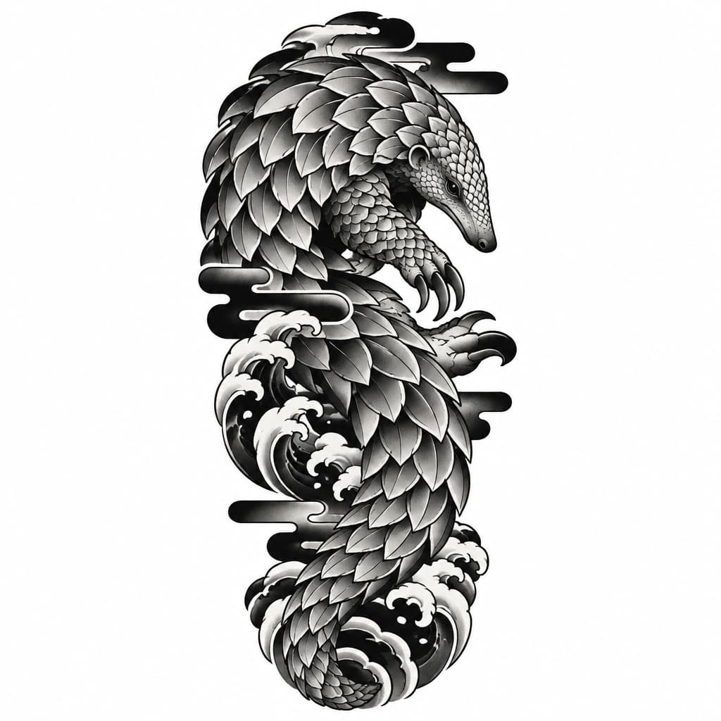 An unfurling pangolin in my left forearm in a Japanese black work style
