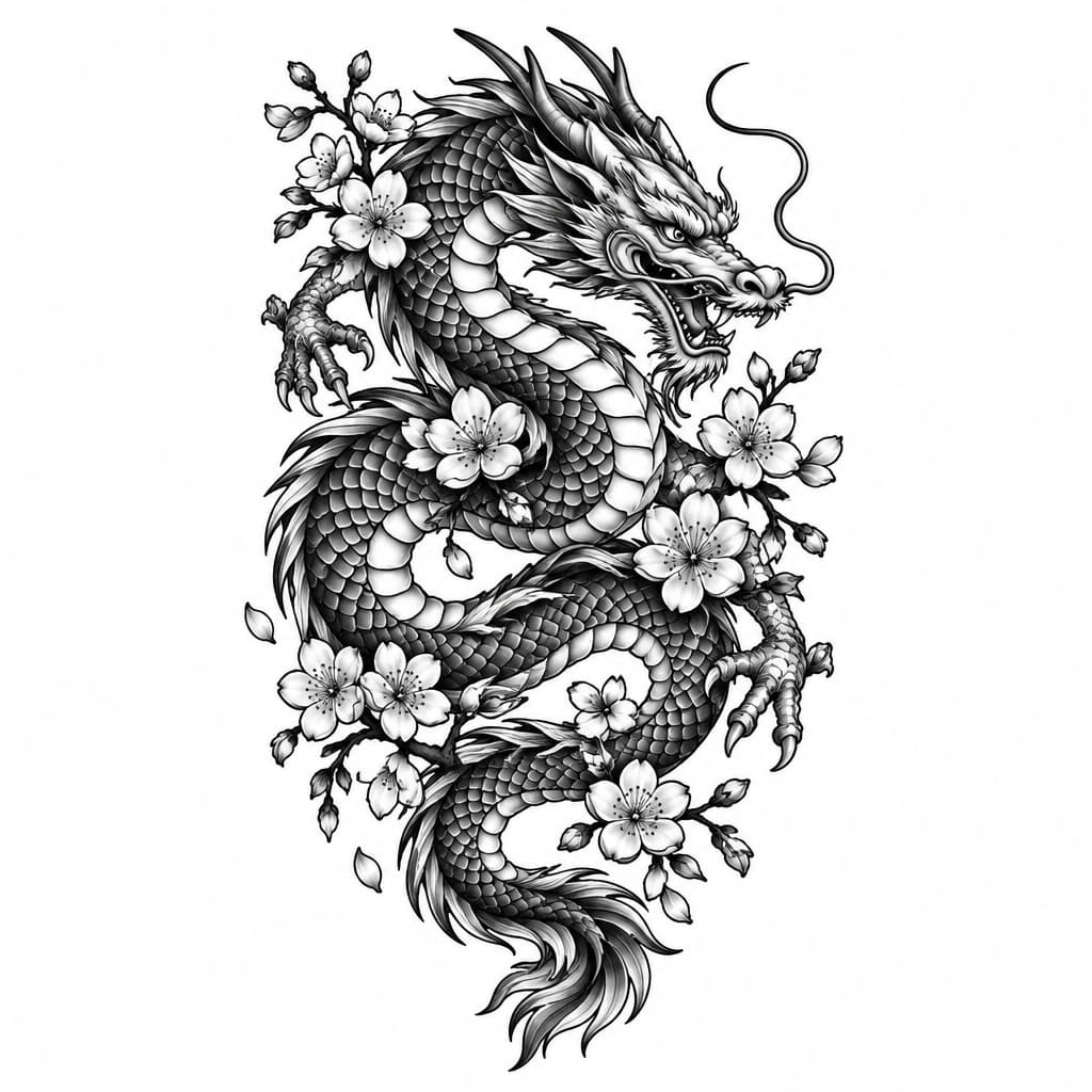 Japanese dragon with cherry blossoms