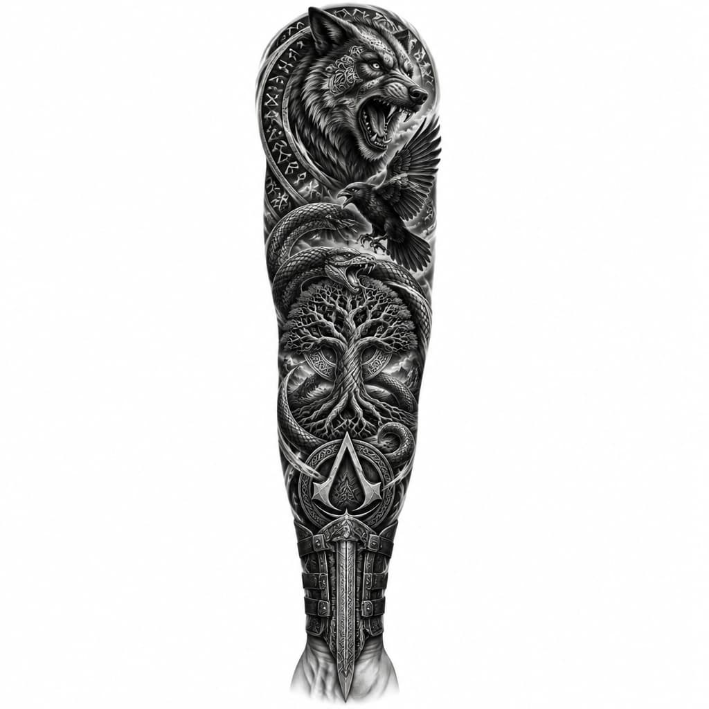 a stencil of the right forearm sleeve with nordic runes, fenrir, world serpent, odin's crow, yggdrasil, assassin's creed symbol and the hidden blade on the wrist